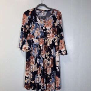 Jules & James Floral Boho Babydoll Dress Navy Rust Blue Bell Sleeve Empire Waist